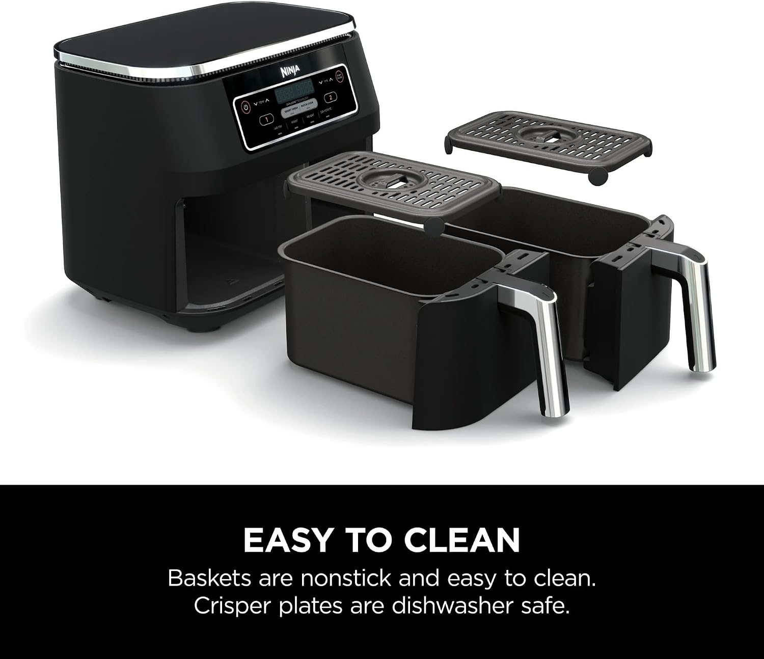 Ninja Foodi 4-in-1 8-qt. 2-Basket Air Fryer with DualZone Technology, 4 Functions, Smart Finish, Roast, Air Fry, Reheats, & Dehydrates, Black, DZ100 (Renewed)