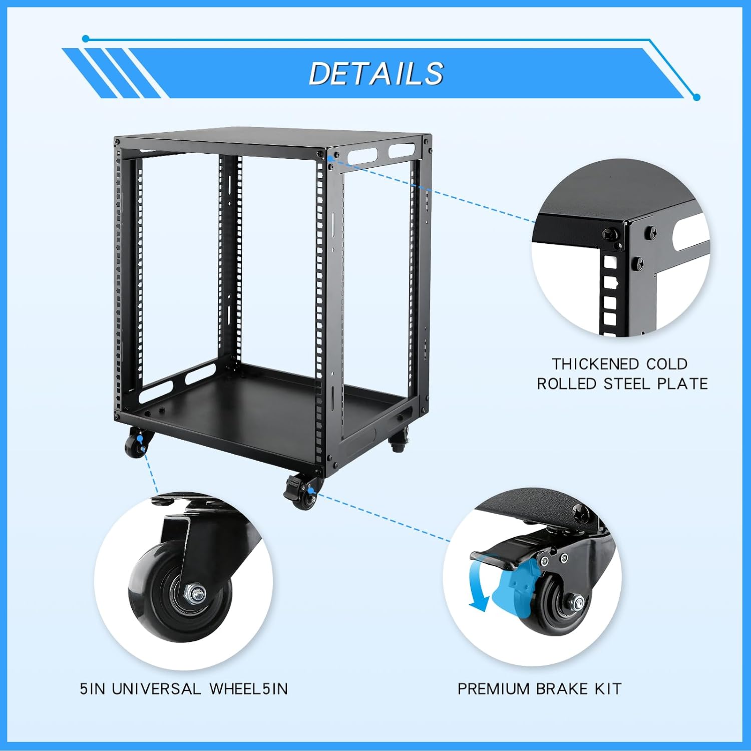 12U Open Frame Server Rack with Wheels Free Standing Network Server Rack for Servers & AV Gear Black