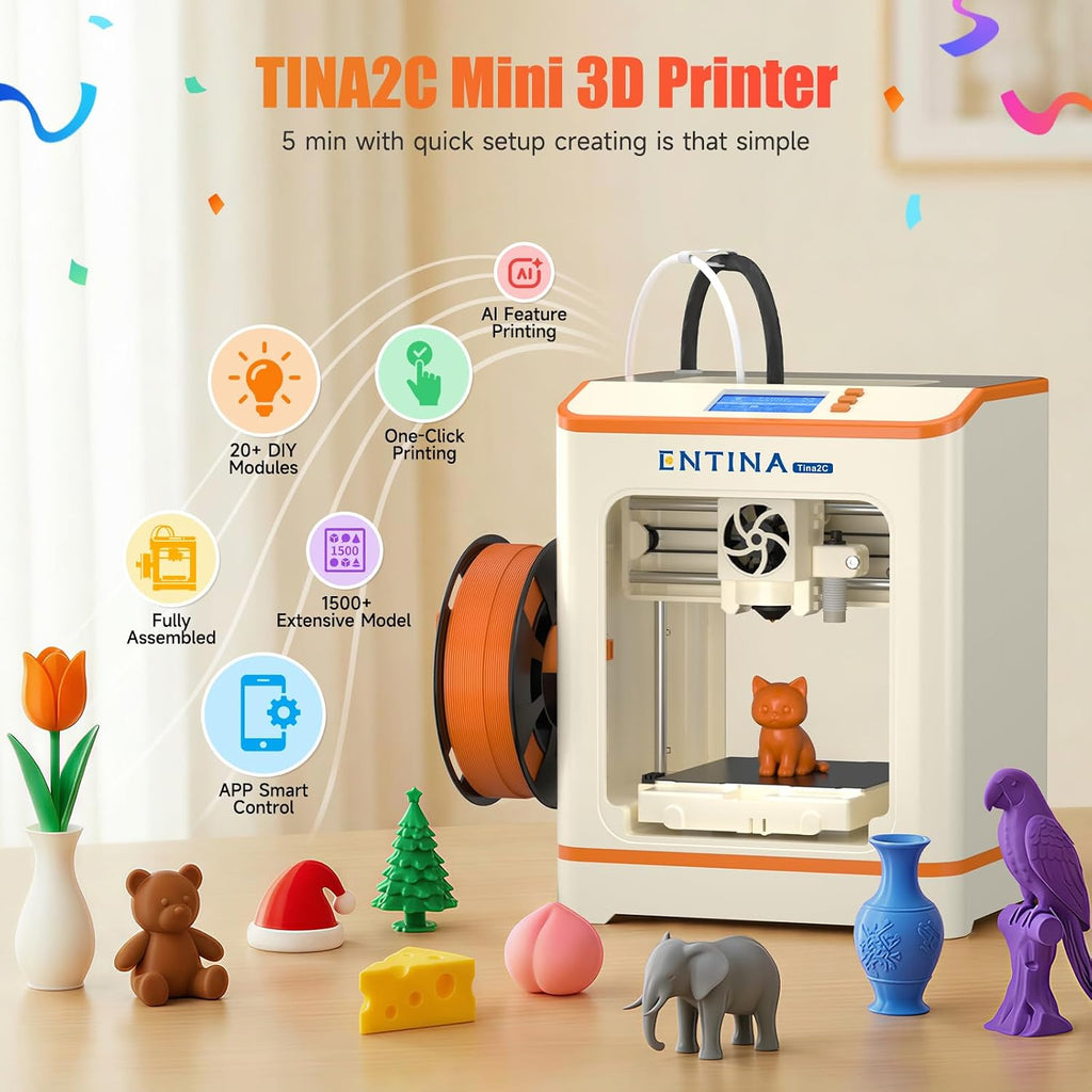 Entina Tina2C Mini 3D Printer for Kids & Beginners – Fully Assembled, Ready in 8 Minutes, App & WiFi Control, 1500+ Models, 20+ DIY Modules, Auto Leveling, High Precision for Home & STEM Learning