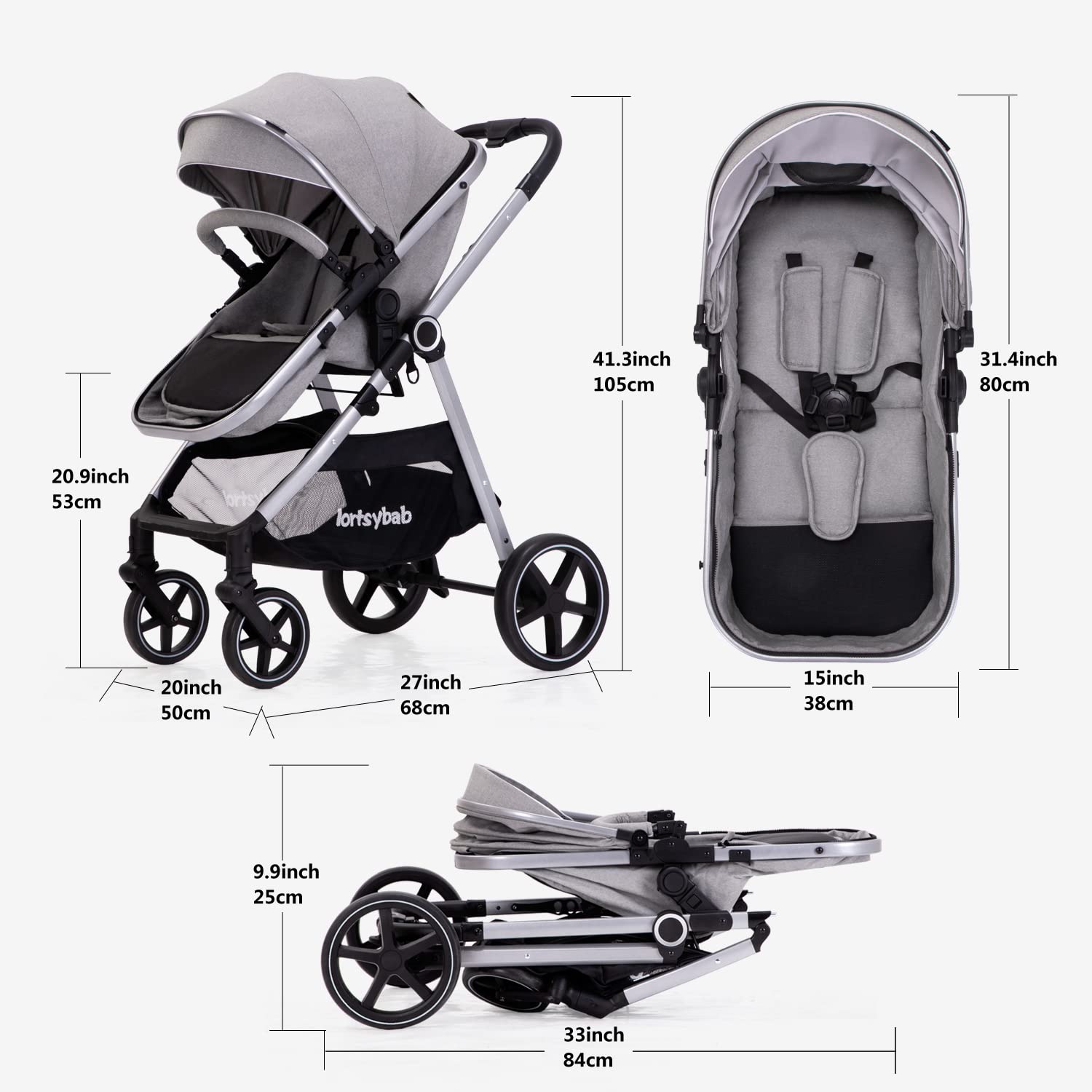 Lortsybab 2-in-1 Baby Stroller - Folding Infant Newborn Pram Stroller with Reversible Seat - Toddler Strollers for 0-36 Months Old Babies (Grey)