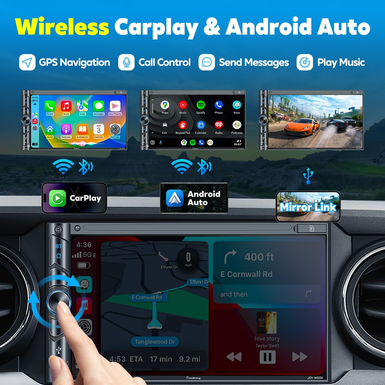 Upgrade Wireless Double Din Car Stereo with Carplay, Android Auto, Bluetooth, 4-Channel RCA, High Power, 2 Subwoofer Ports, 7' HD Capacitive Touchscreen Car Radio, Backup Camera, Audio Receiver