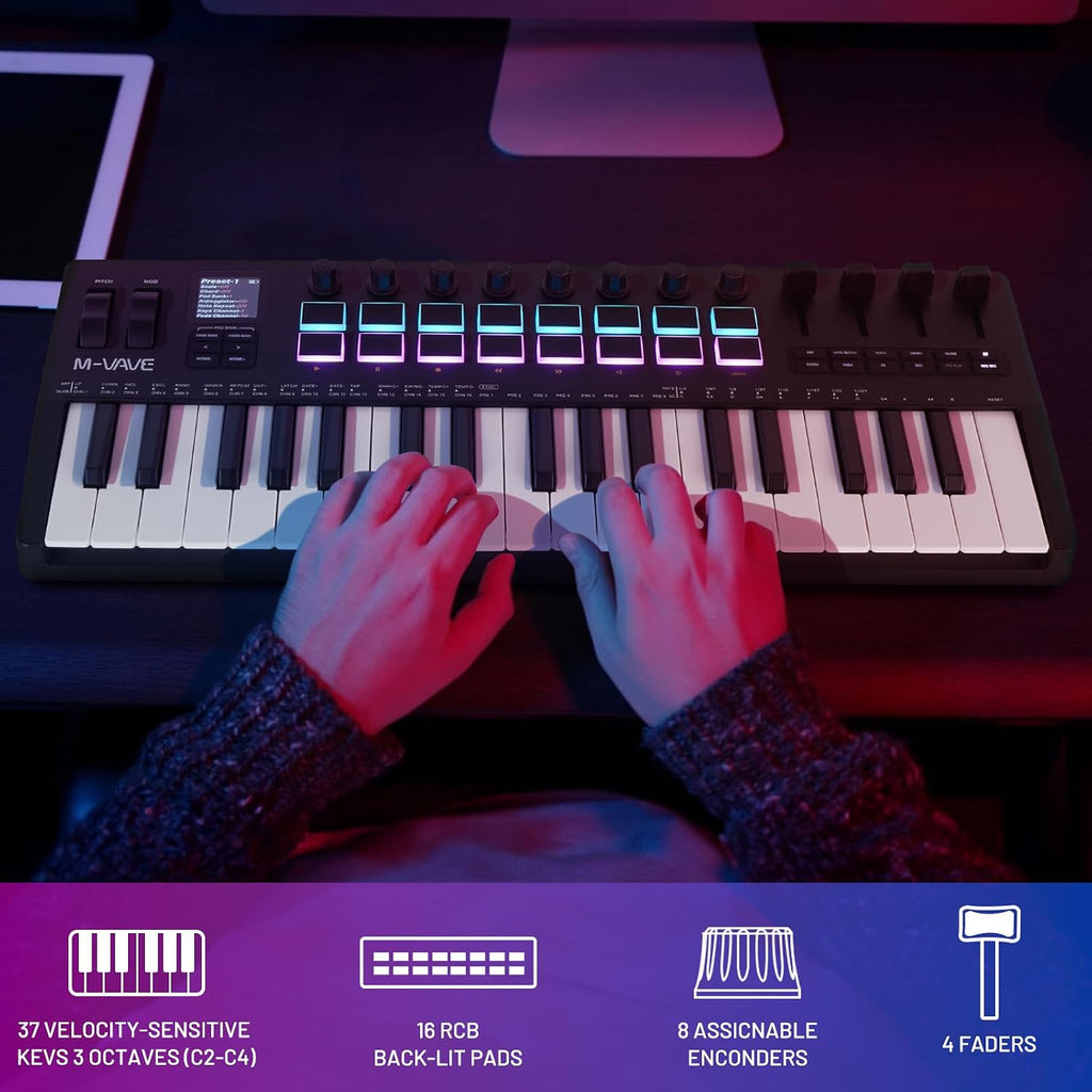 M-VAVE 37 Key USB MIDI Keyboard Controller With 16 Backlit Drum Pads, Bluetooth Semi Weighted Professional dynamic keybed 8 Knobs and Music Production,Software Included (37 Key Black)