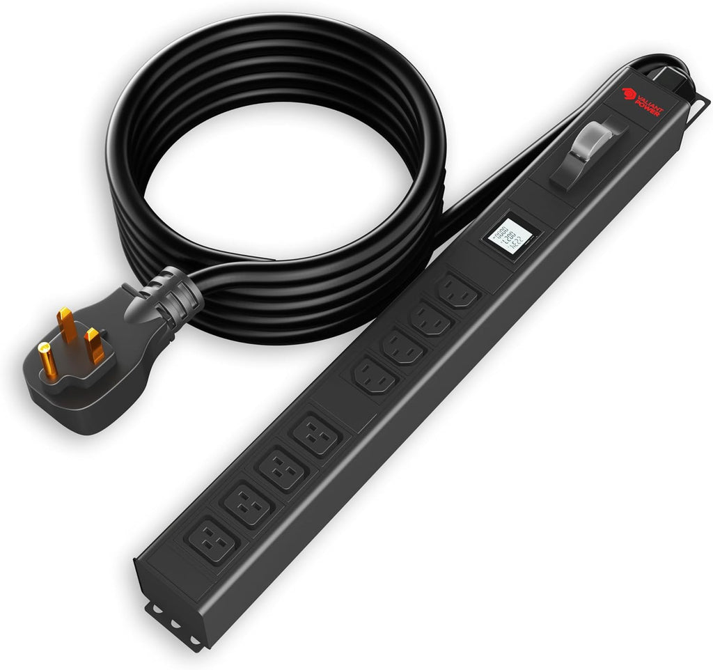Surge Protection, Metered, Rack Mount PDU, Basic 220v/50a, L6-50P Input, (4-C13 & 4C19) Outlets, 1U Vertical Rackmount (C13) 3 Year Warranty 12,000 Watts Crypto Mining
