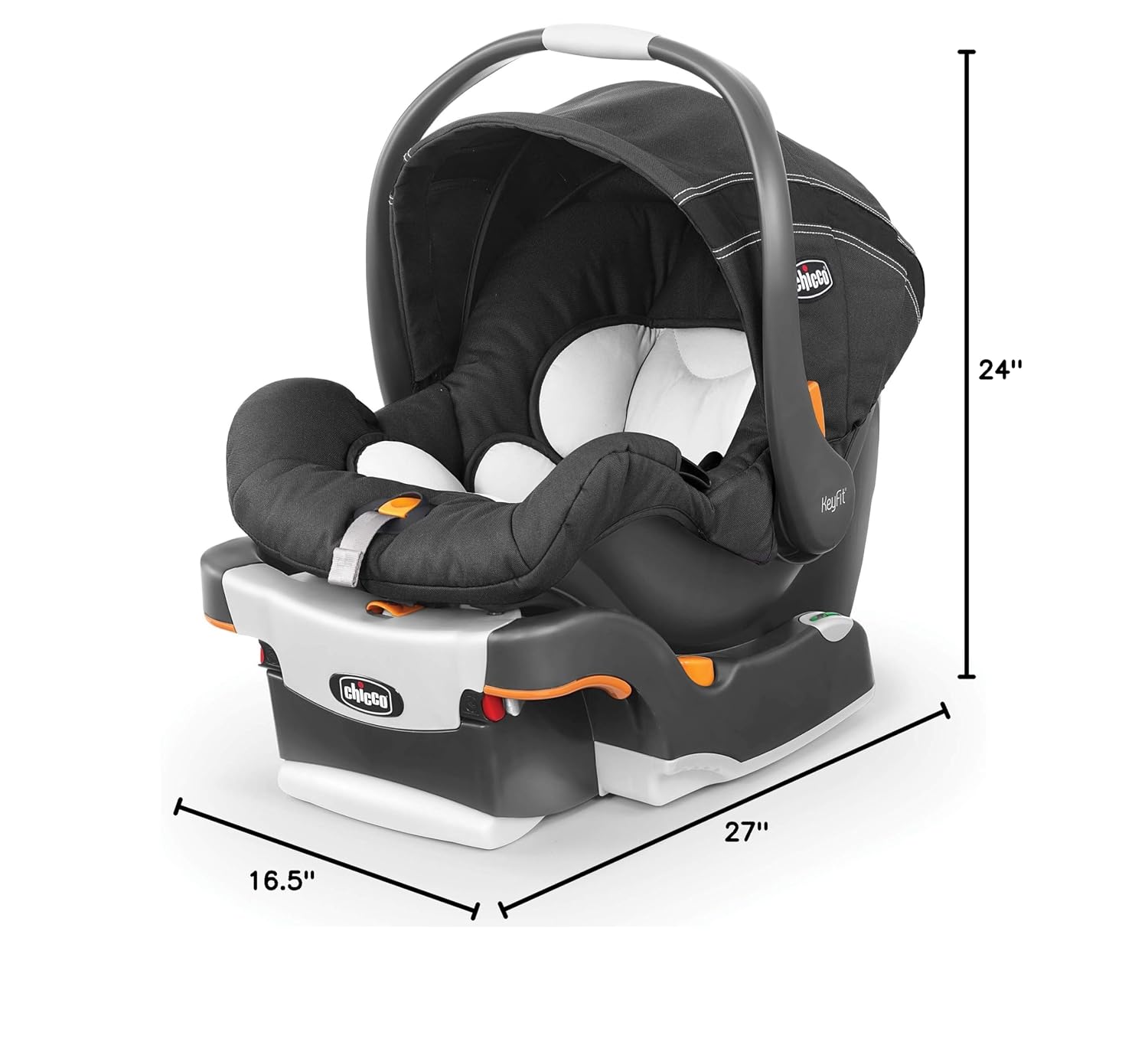 Chicco KeyFit Infant Car Seat and Base, Rear-Facing Seat for Infants 4-22 lbs., Includes Infant Head and Body Support, Compatible with Chicco Strollers, Baby Travel Gear, Encore/Black/Grey