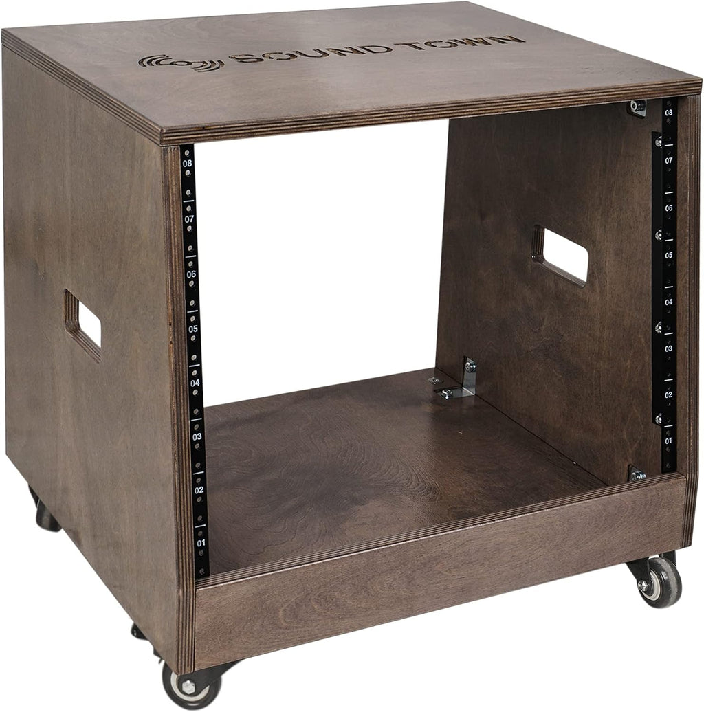 Sound Town DIY Solid Baltic Birch Plywood Slanted 8U Studio Rack, Weathered Brown, Rubber Feet, Casters (SDRK-8TB)