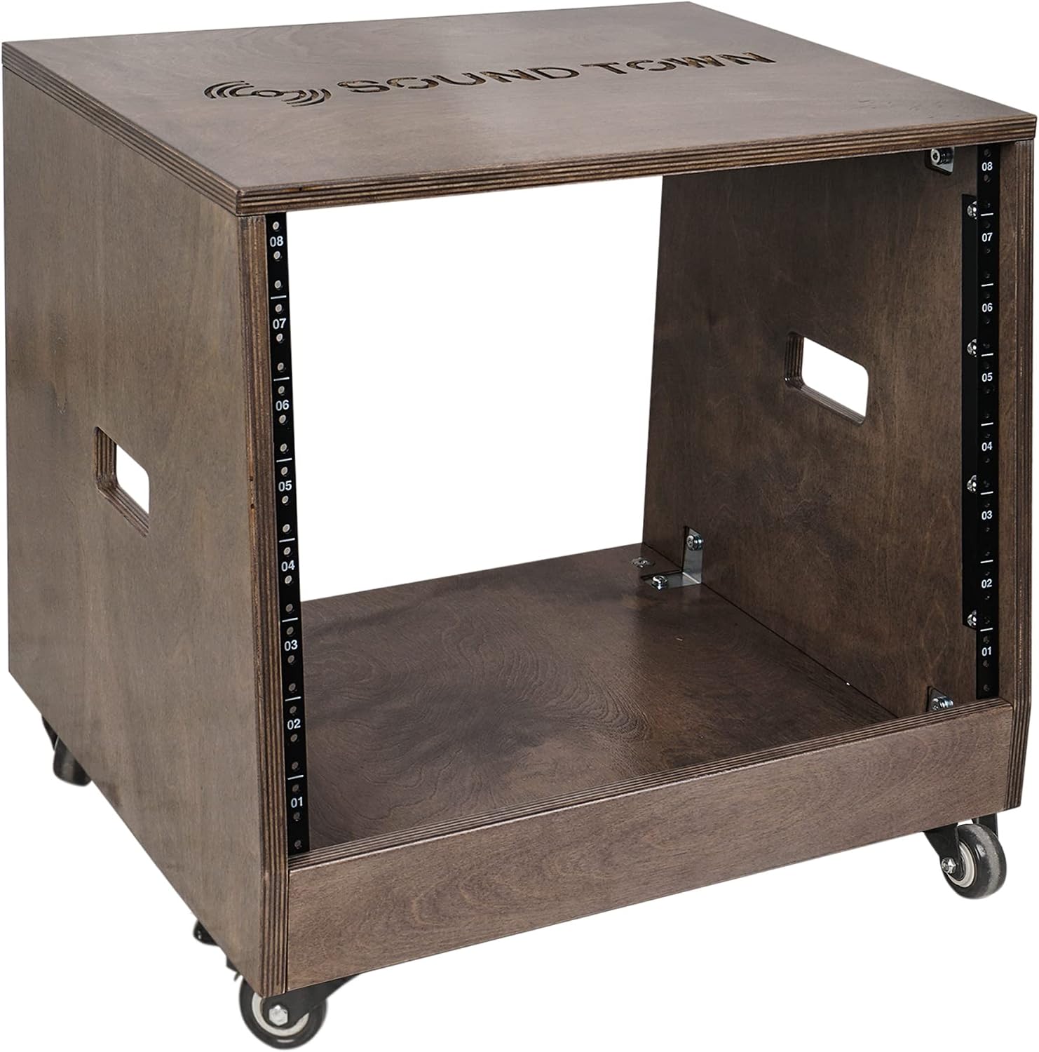 Sound Town DIY Solid Baltic Birch Plywood Slanted 8U Studio Rack, Weathered Brown, Rubber Feet, Casters (SDRK-8TB)