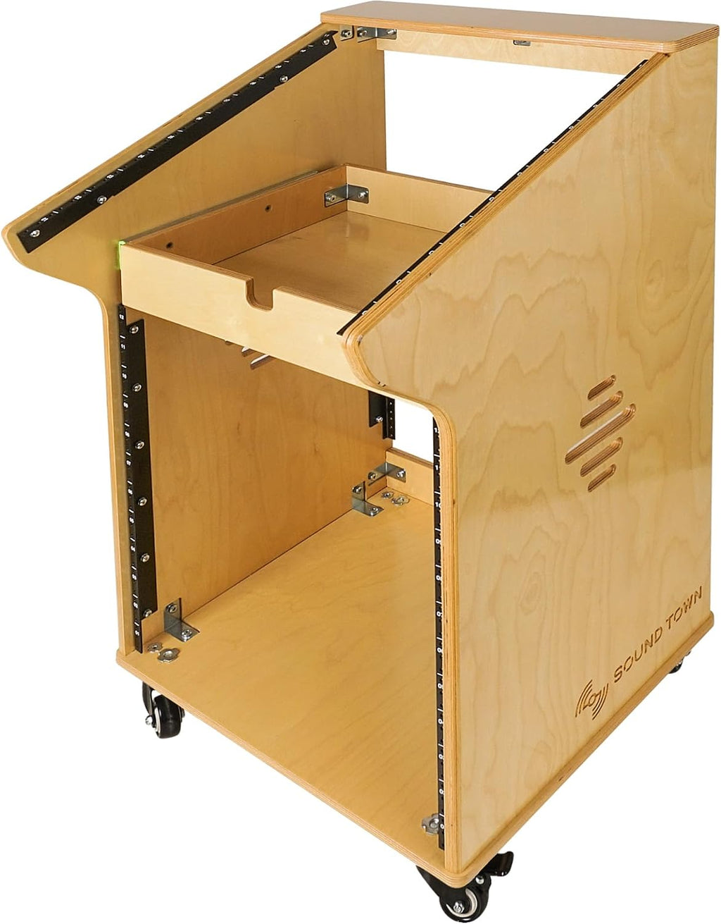 Sound Town DIY Solid Baltic Birch Plywood Studio Rack with 11U Slant Mixer Top,12U Front, 2U Drawer, Rubber Feet, Casters, Golden Oak (SDRK-M11X12)