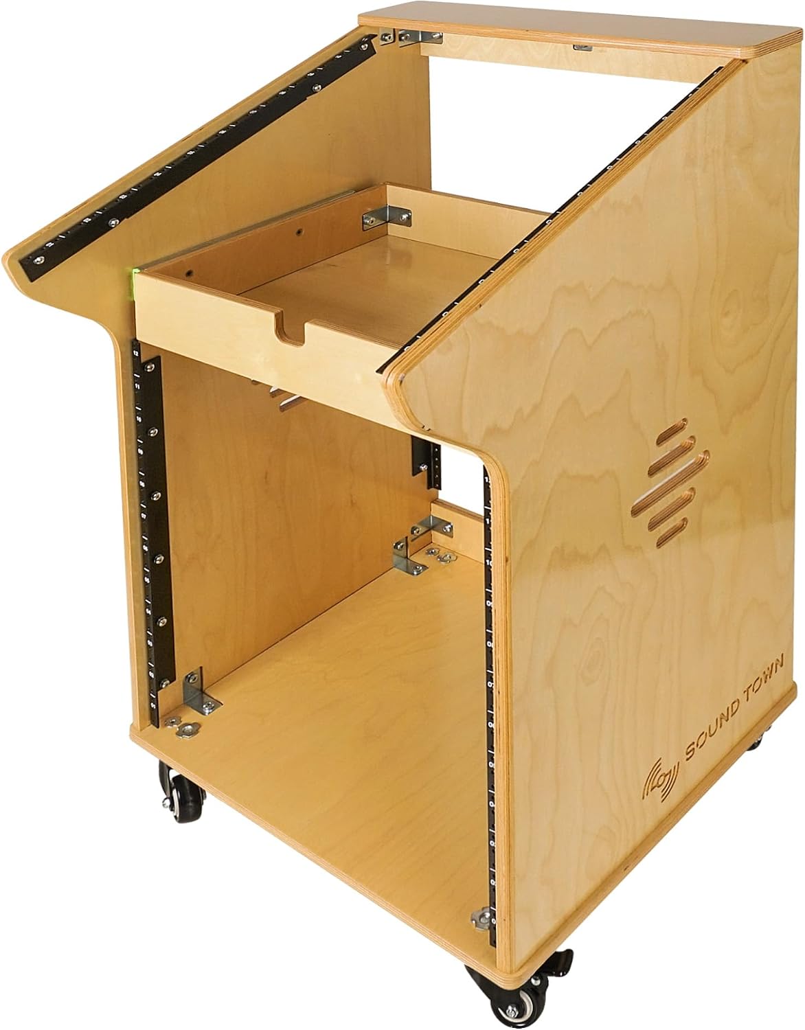 Sound Town DIY Solid Baltic Birch Plywood Studio Rack with 11U Slant Mixer Top,12U Front, 2U Drawer, Rubber Feet, Casters, Golden Oak (SDRK-M11X12)