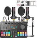 Podcast Equipment Bundle for 2 with Dual 48V XLR Condenser Micophones with Mic Pop Filters Audio Equipment for Live Streaming/Recording, Online Gaming for Phone/Laptop/PC Audio Interface M100