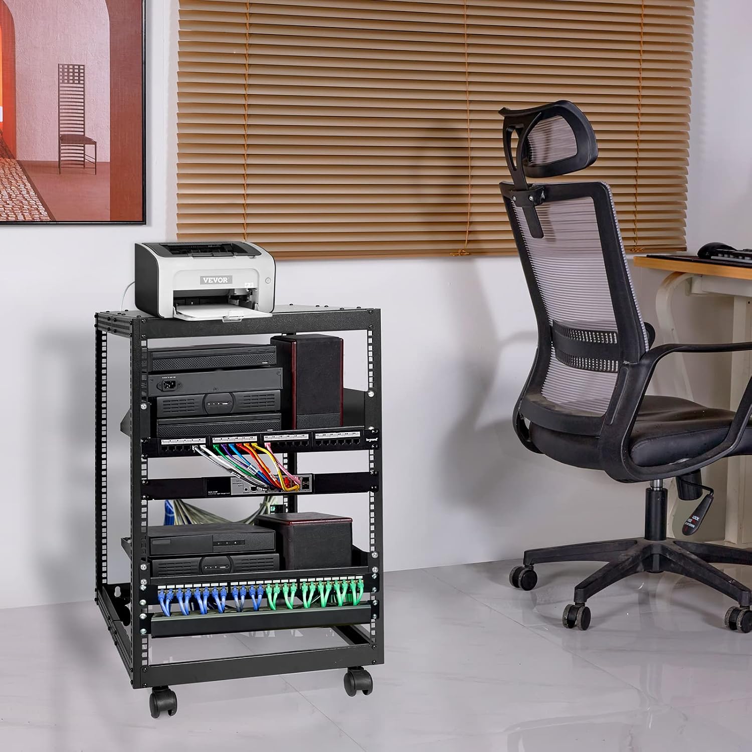 VEVOR 15U Open Frame Server Rack, 23''-40'' Adjustable Depth, Free Standing or Wall Mount Network Server Rack, 4 Post AV Rack with Casters, Holds All Your Networking IT Equipment AV Gear Router Modem