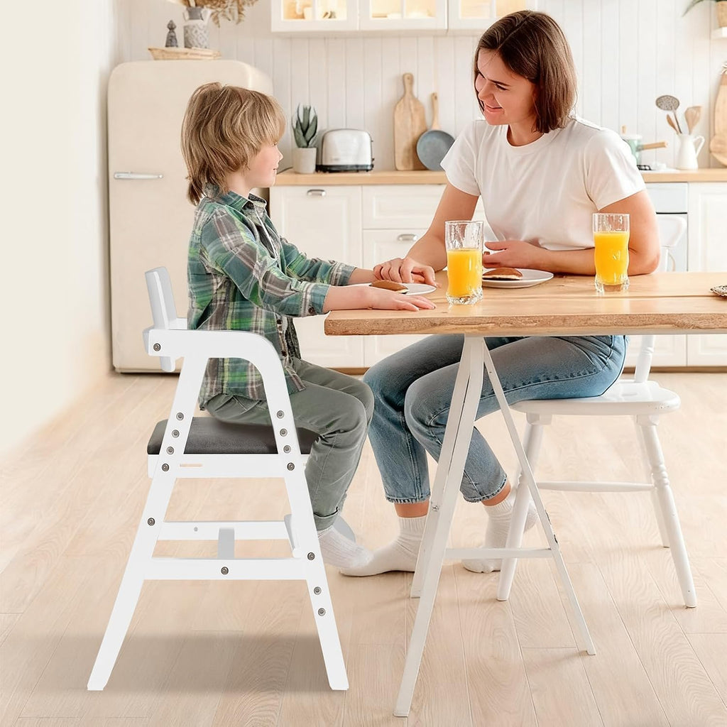 Wooden High Chair for Toddlers & Baby, Adjustable Dining Feeding Chair Grows with Kid, Convertible High Chair for Babies, Wipe Clean Skin-Friendly Cushion, for Home & Restaurant - White