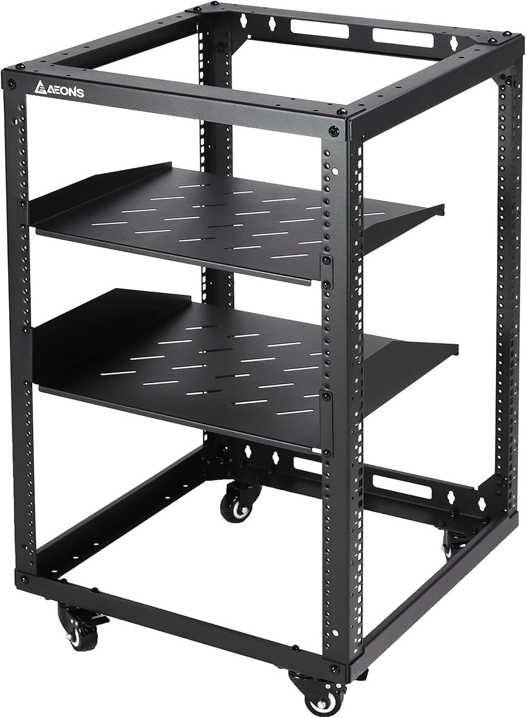 AEONS 15U Open Frame Network Server Rack 19-inch 4 Post AV Rack with Casters for Floor Standing and Wall Mount, Side Load for Extra Depth– Complete Kit with 1U and 2U Vented Shelves, Black