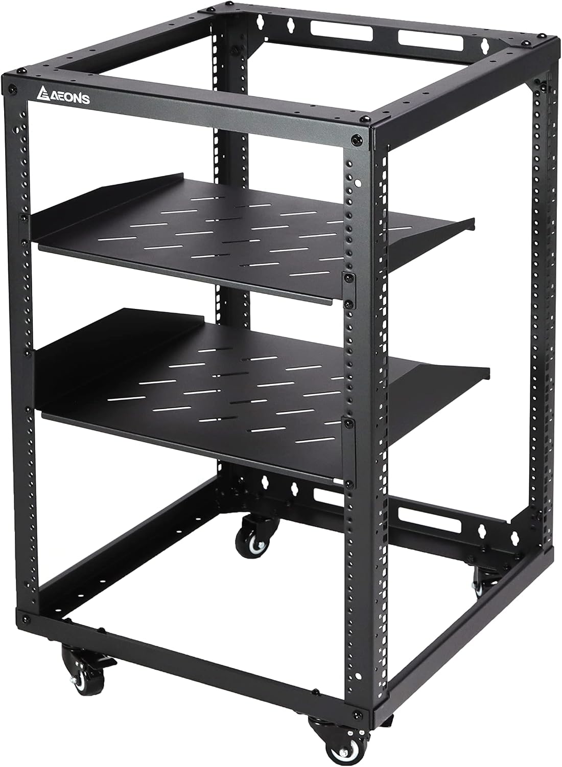 AEONS 15U Open Frame Network Server Rack 19-inch 4 Post AV Rack with Casters for Floor Standing and Wall Mount, Side Load for Extra Depth– Complete Kit with 1U and 2U Vented Shelves, Black