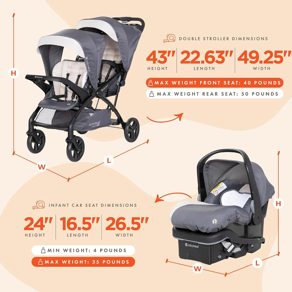 Baby Trend Sit N' Stand Double Stroller 2.0 DLX with 5 Point Safety Harness and EZ-Lift Plus Lightweight Infant Car Seat with Cozy Cover, Magnolia