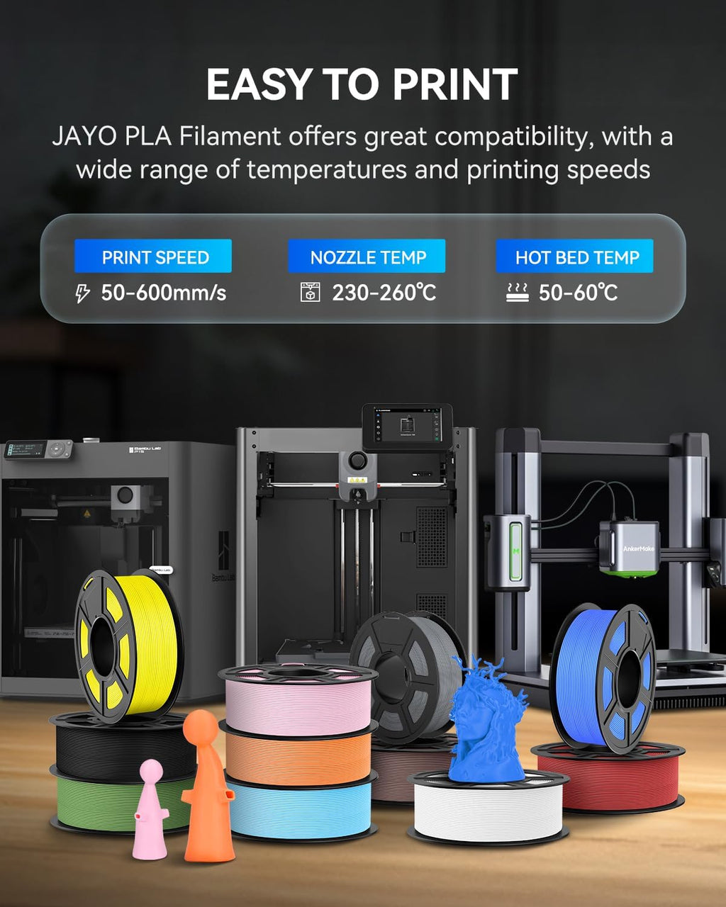 JAYO PLA 3D Printer Filament Bundle 1.75mm 11KG, 10 Pack 1.1kg Spool (Sky Blue,Chocolate,Sunny Orange,Sakura Pink,Lemon Yellow,Cherry Red,Mint Green,Olive Green,Pri-Magenta,Pri-Cyan)