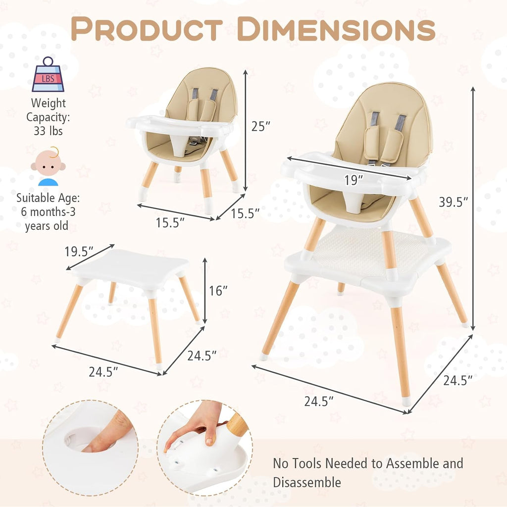HONEY JOY Baby High Chair, 6-in-1 Convertible Wooden Highchair for Babies and Toddlers/Table Set/Toddler Chair with Safety Harness, 4-Position Removable Feeding Tray (Khaki)