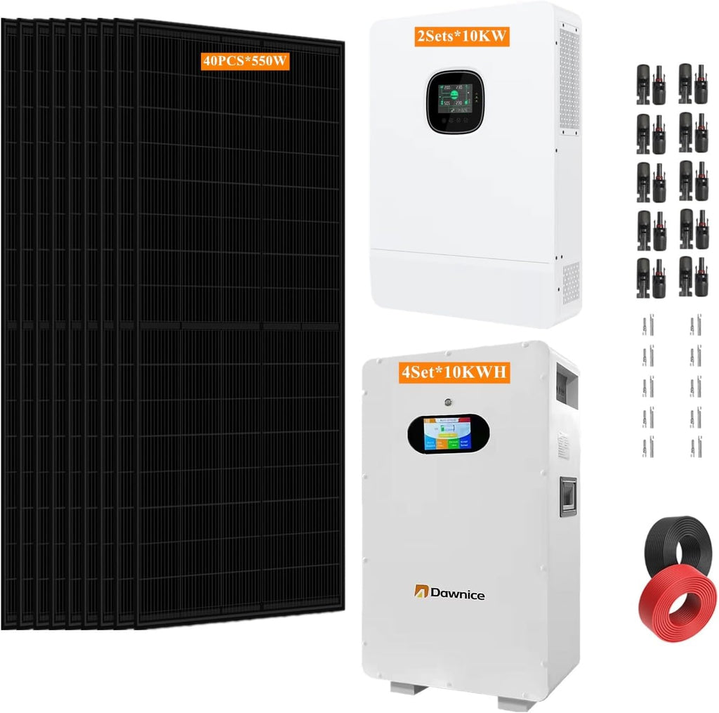 10KW Off-Grid Solar System Complete Kit Home Kit with 23.2KW Solar Panels+20KW 48V Solar Inverter+ 51.2V LiFePo4 Solar Battery with UL (40PCS*580W PV+2Sets*10KW Inverter+ 4Sets*10KWH)