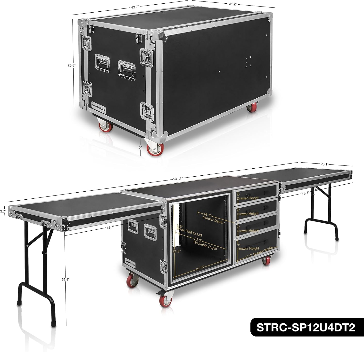 Sound Town Heavy-Duty 1/2' (12mm) Plywood Shock Mount 12U Workstation Rack Case with 4 Drawers and 2 Tables for Customizable Stage and Studio Equipment Storage, Pro Tour Grade (STRC-SP12U4DT2)