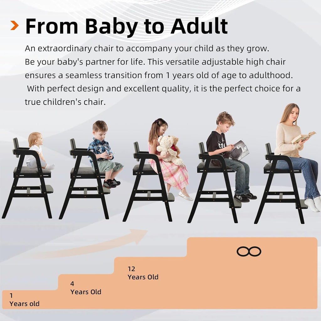 Wooden High Chair for Toddlers and Baby, Adjustable Toddler Dining Chair Grows with Kid, Ergonomic Baby HighChair for Babies, Wipe Clean Skin-Friendly Cushion, for Home & Restaurant - Black