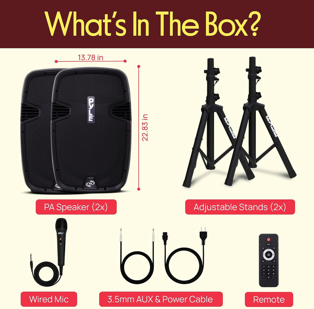 Wireless Portable PA Speaker System - 1800W High Powered Bluetooth Compatible Active + Passive Pair Outdoor Sound Speakers w/ USB SD MP3 AUX - 35mm Mount, 2 Stand, Microphone, Remote - Pyle PPHP1249KT