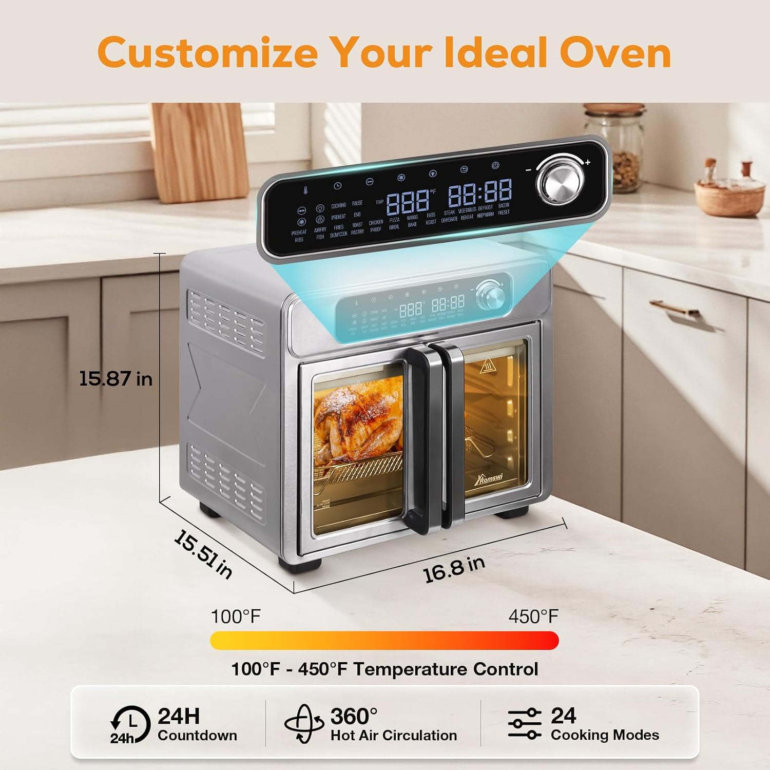 Romswi 26QT French Door Air Fryer Toaster Oven Combo, 24 Cooking Functions and Digital Controls, Fits 12' Pizza, 6 Slices of Toast, Rotisserie 6lb Chicken, 6 Accessories Included