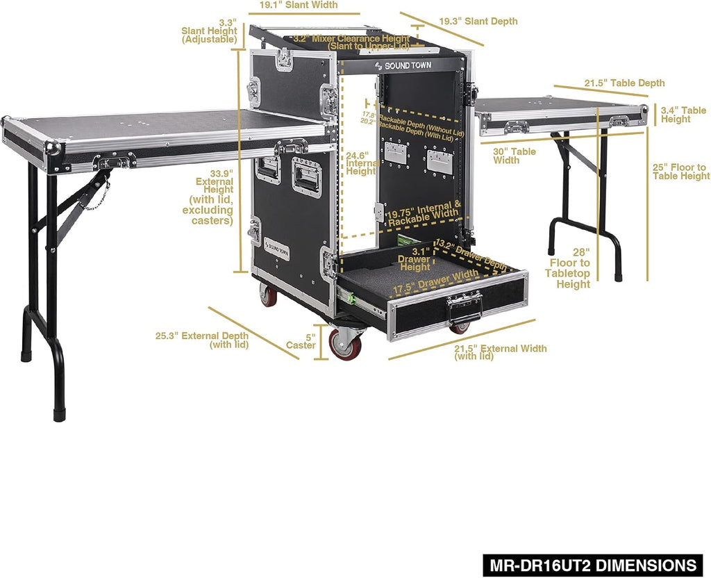 Sound Town 16U PA DJ Pro Audio Rack/Road ATA Case with 2U Drawer, 11U Slant Mixer Top, Two DJ Work Tables, Casters, Pro Tour Grade (MR-DR16UT2)