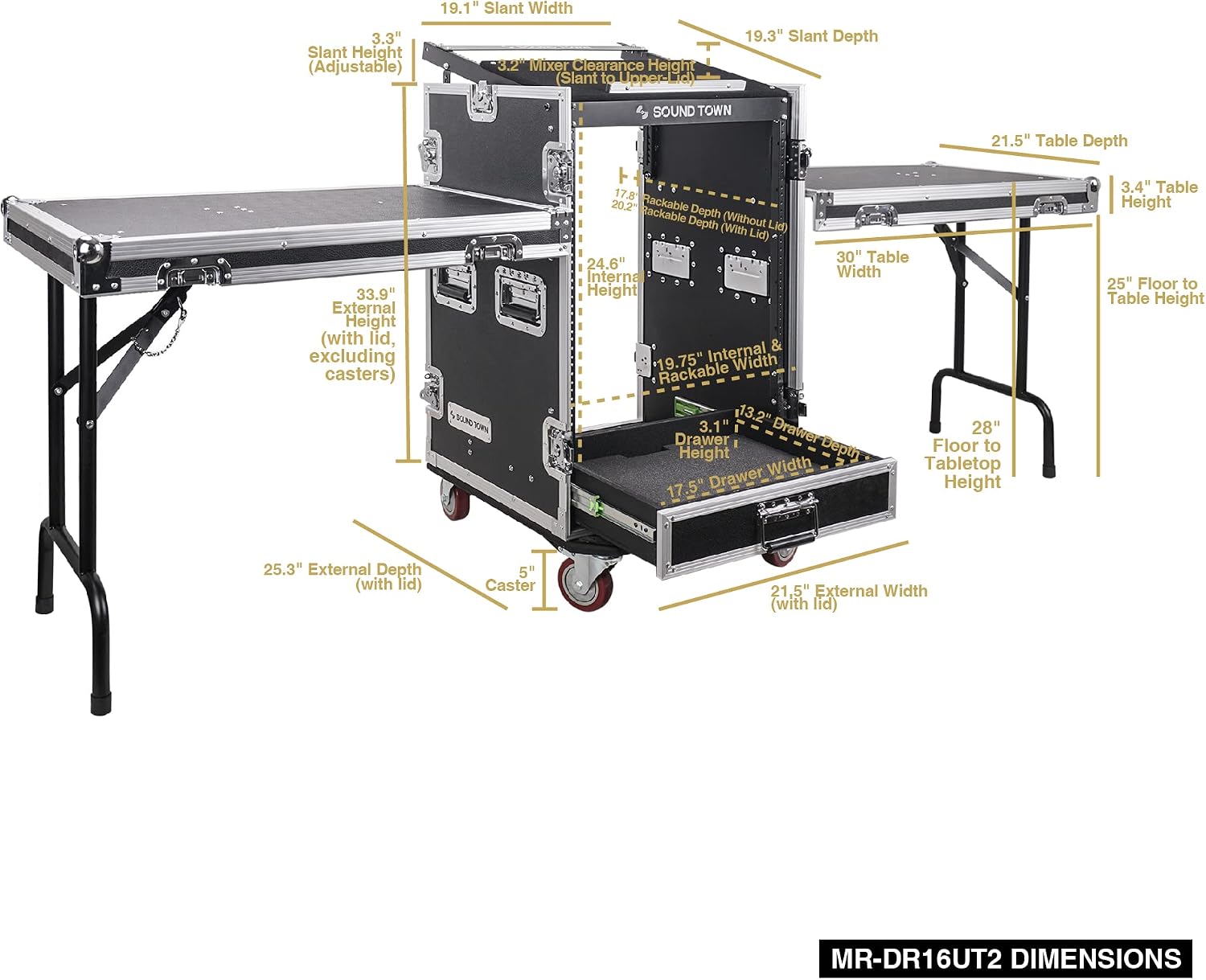 Sound Town 16U PA DJ Pro Audio Rack/Road ATA Case with 2U Drawer, 11U Slant Mixer Top, Two DJ Work Tables, Casters, Pro Tour Grade (MR-DR16UT2)