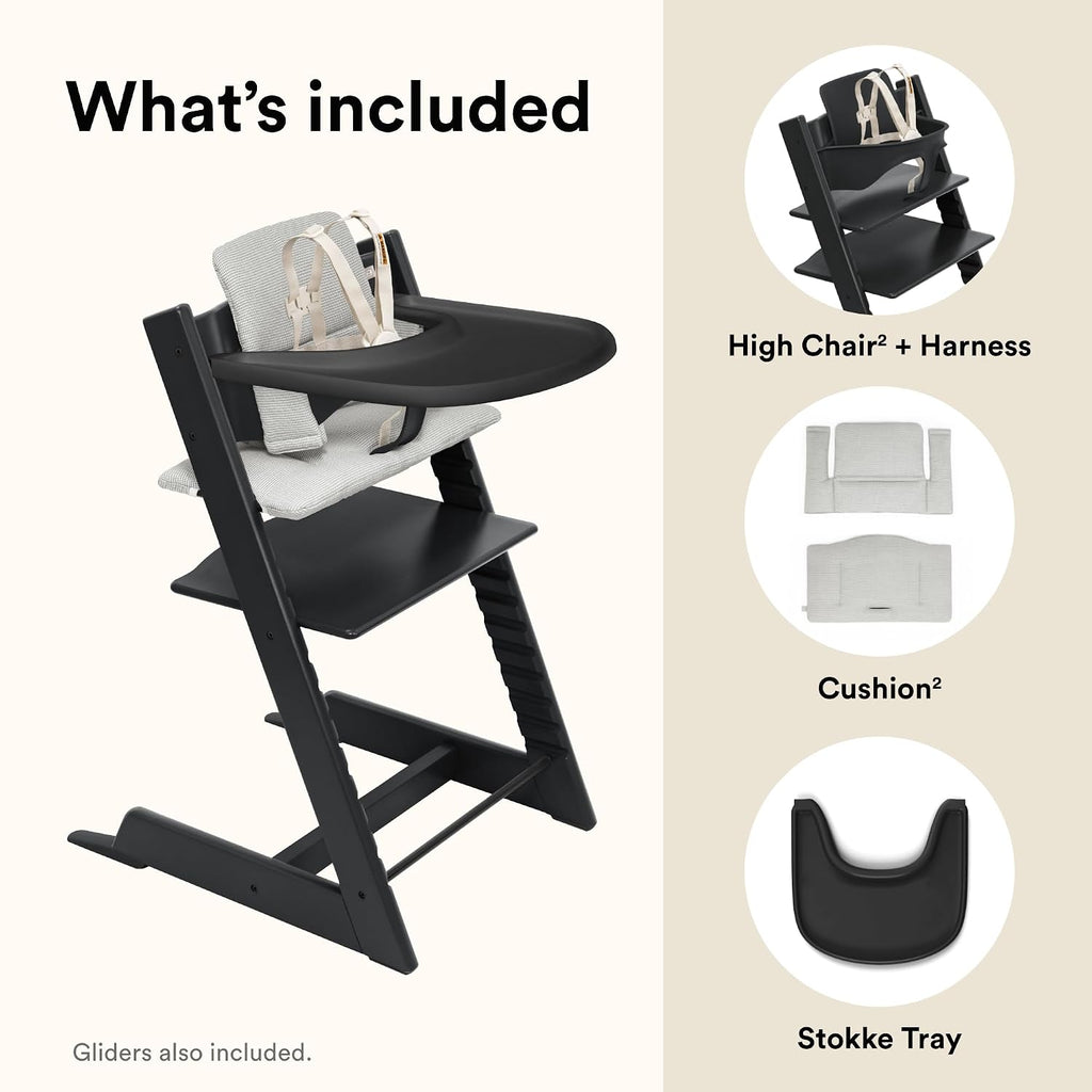 Stokke Tripp Trapp High Chair 2 (Black), Cushion 2 (Nordic Grey) + Stokke Tray (Black) - Includes Chair + Baby Set with Removable Harness for Children 6-36 Months