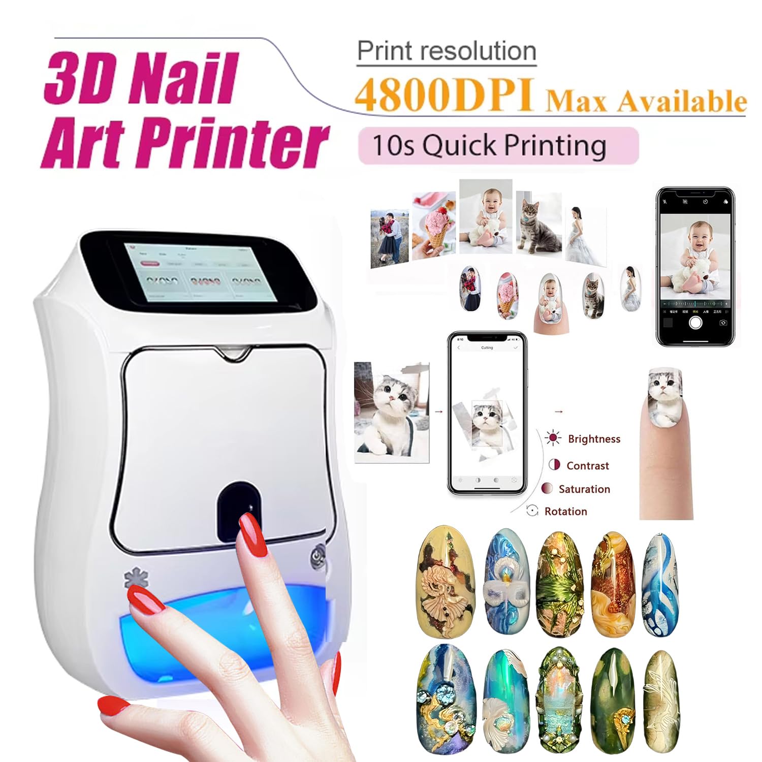 Electric Mini Nail Art Printer, 4800dpi APP Control Nail Printing, Automatically Recognize Nail Shape,Fast Drawing in 10S,for Girls' Home Nails,Weddings,Nail Art Studio