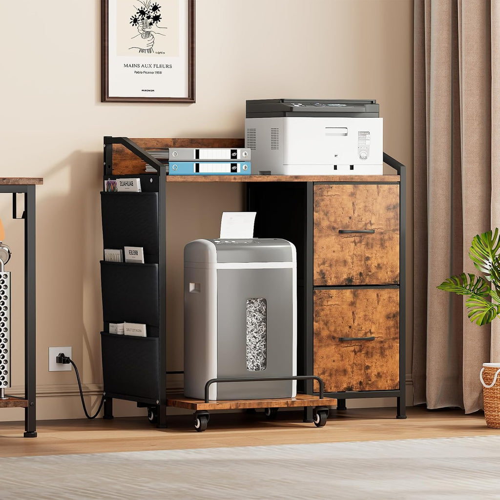 Printer Stand with Storage, Lateral Office Filing Cabinets with Power outlets & USB Charging Port, File Cabinet with Large Printer Stands for Home Office, Shredder Stand Rack (Rustic Brown)