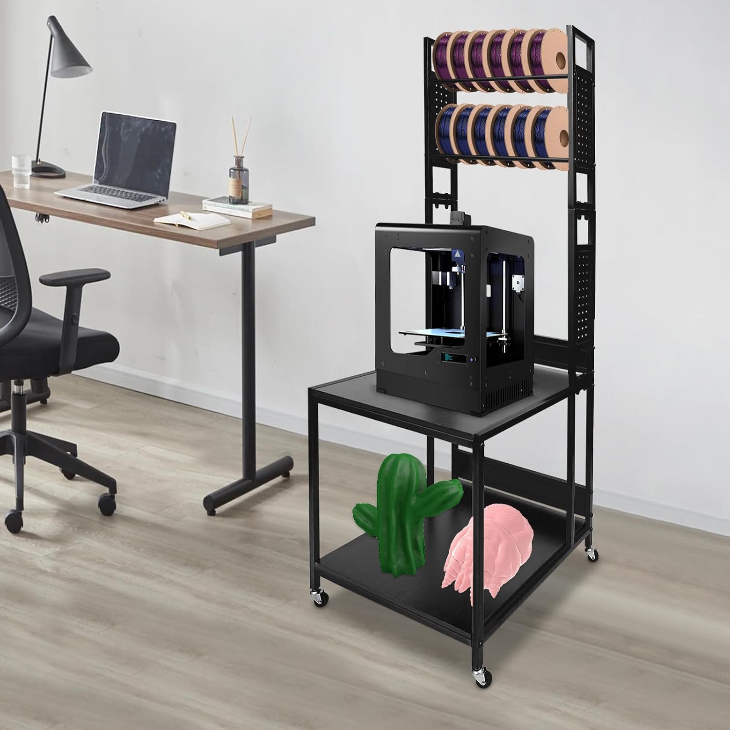 3D Printer Stand with Double Layer, 3D Printer Table with Filament Storage Rack Organizer with Wheels, Rolling 3D Printing Workbench Load Capacity 110 Lbs for Home Office Studio