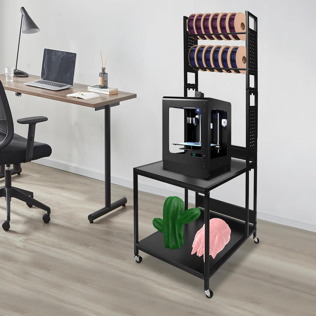 3D Printer Stand with Double Layer Printer Filament Storage Rack, Heavy Duty Mobile Table with 4 Wheels for Workshop Studio Office (Black)