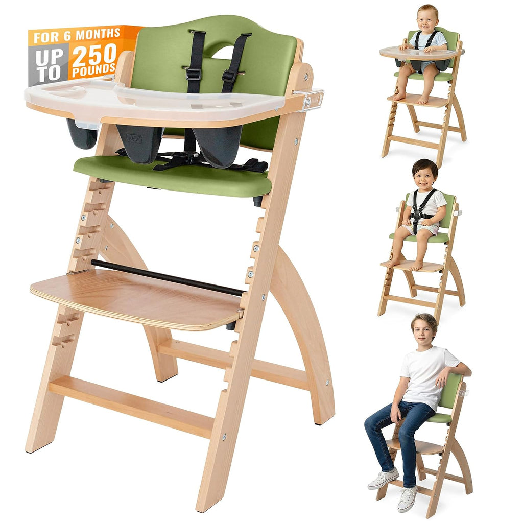 Abiie Beyond Junior Wooden High Chair for Babies and Toddlers - Convertible 3-in-1 Baby Highchair with Removable Tray - 6 Months to 250 Lb - Water Resistant - Natural Wood/Olive Cushion