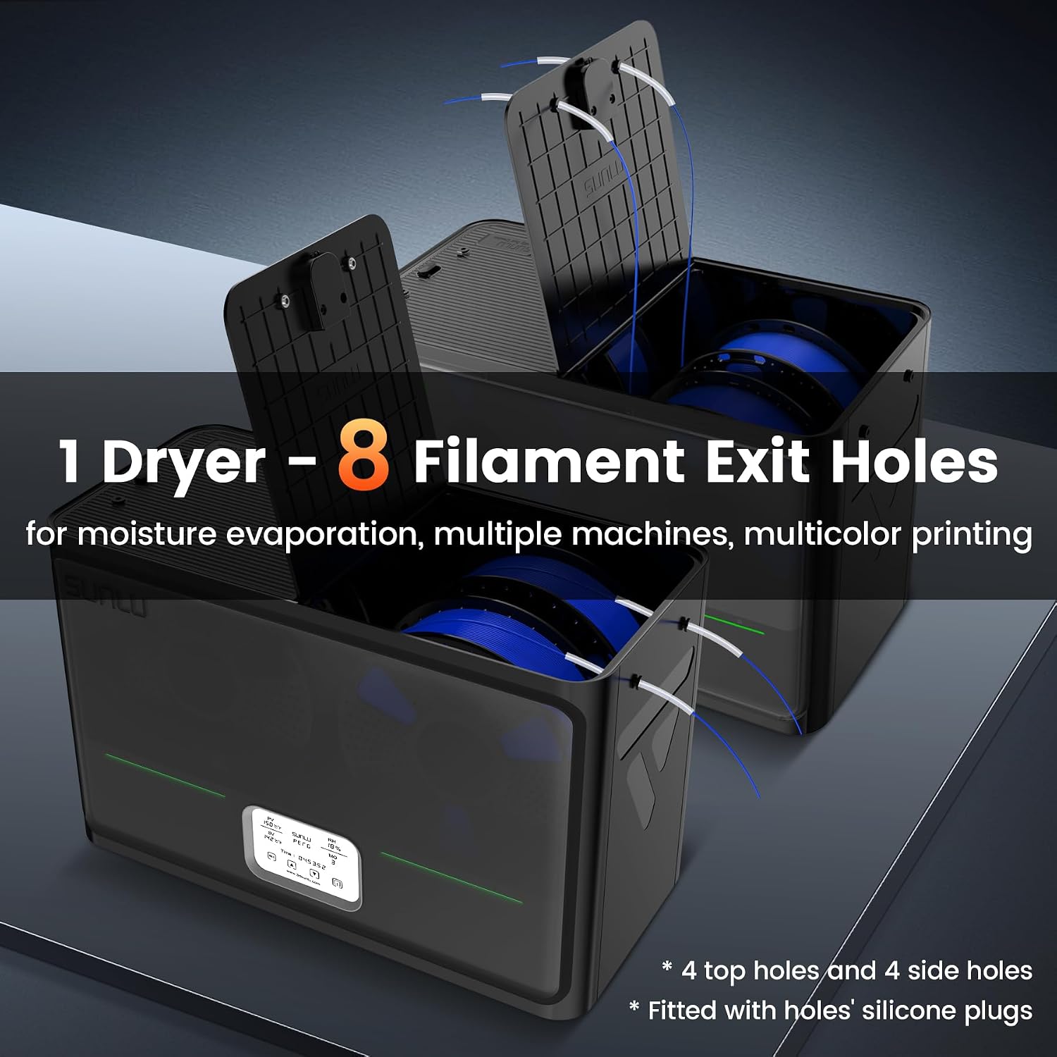 SUNLU Official 3D Printer Filament Dryer S4, 4 Spools Capacity, 3 Circulation Fans, 350W PTC Heater, 70℃ Max Temperature, Power Saving Storage Mode, Nylon TPU PLA PETG ABS Filament Dryer Box, Black