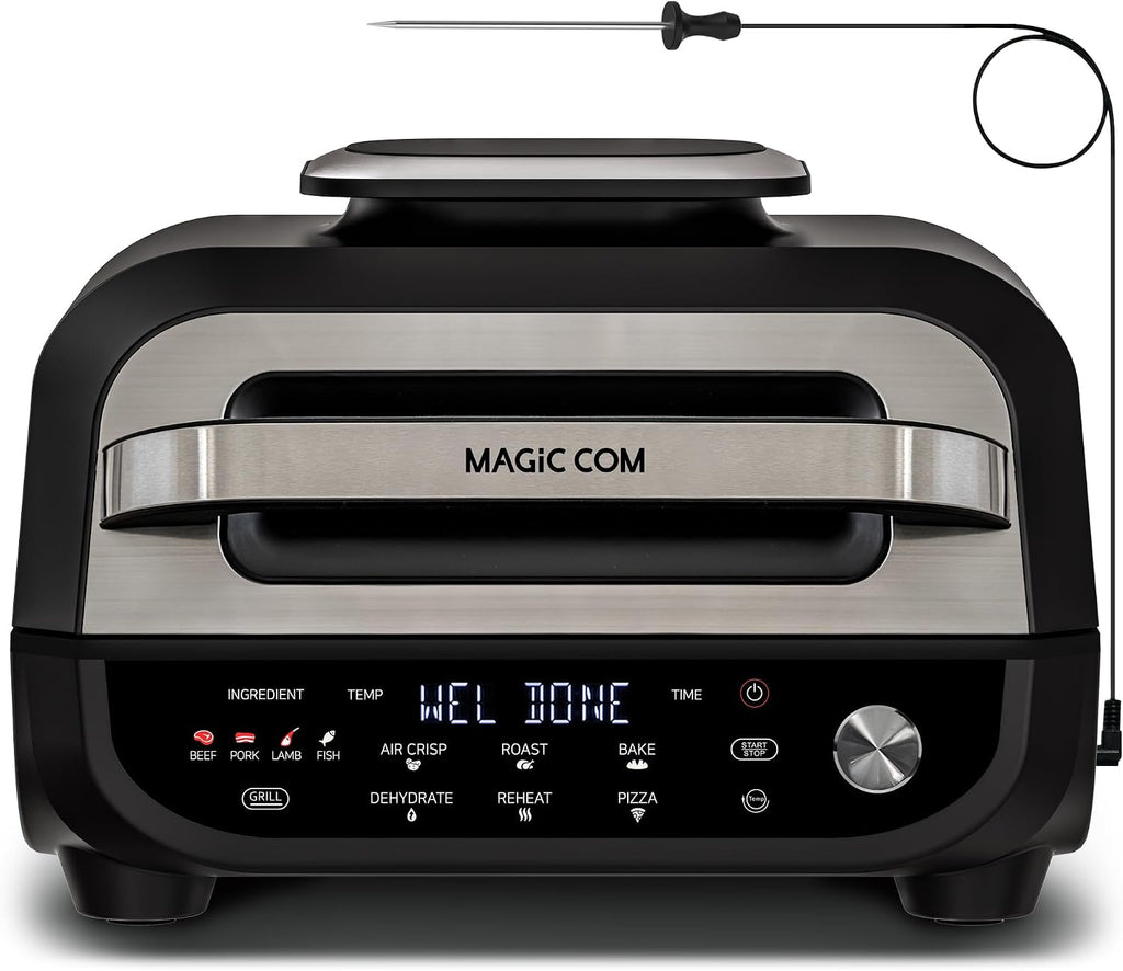 MAGiC COM Indoor Grill Air Fryer Combo, 7-in-1 Electric Grill with Steak, Roast, Air Crisp, Bake, Dehydrate, Pizza and Reheat. Smart Thermometer, Non-Stick, Dishwasher Safe/Black