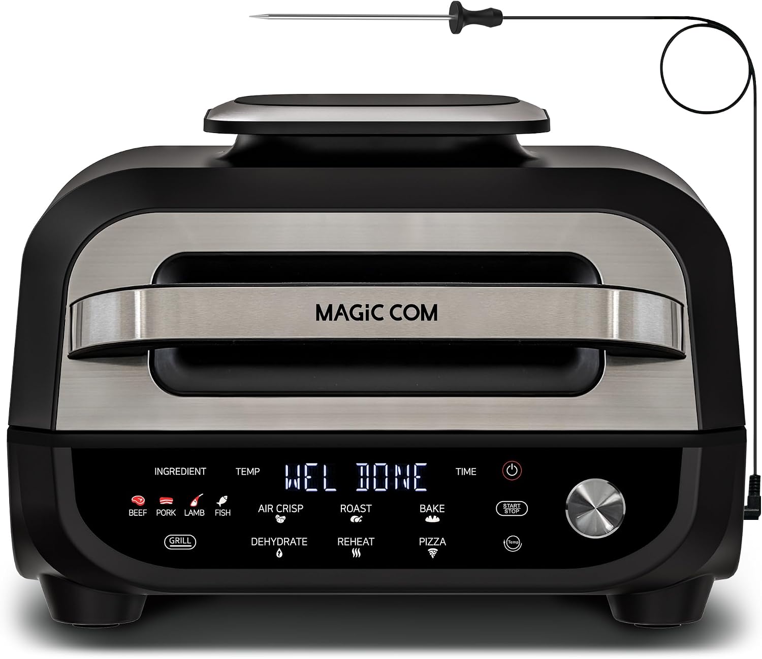 MAGiC COM Indoor Grill Air Fryer Combo, 7-in-1 Electric Grill with Steak, Roast, Air Crisp, Bake, Dehydrate, Pizza and Reheat. Smart Thermometer, Non-Stick, Dishwasher Safe/Black