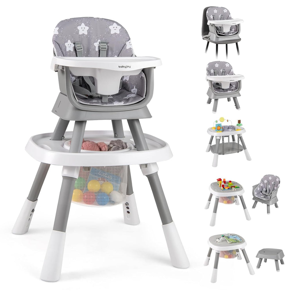BABY JOY 16 in 1 High Chair, Convertible Baby Highchair for Babies and Toddlers with Activity Center, Booster Seat, Building Block Table, Toddler Chair with Safety Harness, Removable Tray (Gray)