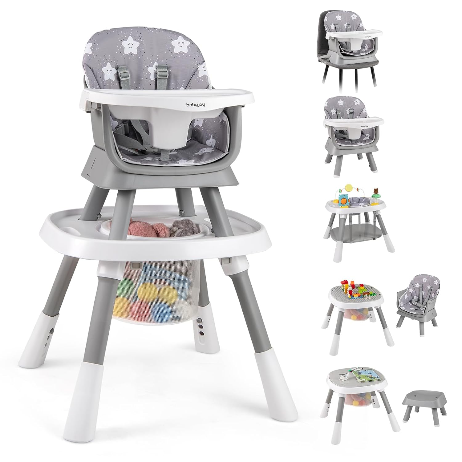 BABY JOY 16 in 1 High Chair, Convertible Baby Highchair for Babies and Toddlers with Activity Center, Booster Seat, Building Block Table, Toddler Chair with Safety Harness, Removable Tray (Gray)