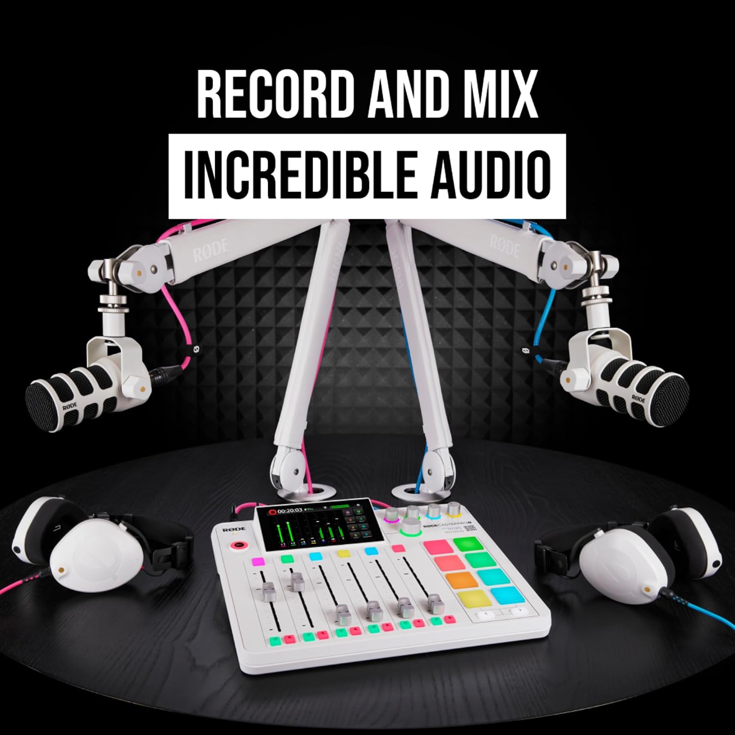 Rode RODECaster Pro 2 (White) Audio Production Studio Bundle with 4x Zoom ZDM-1 Podcast Mic Packs, 32GB microSD Card and StreamEye Polishing Cloth