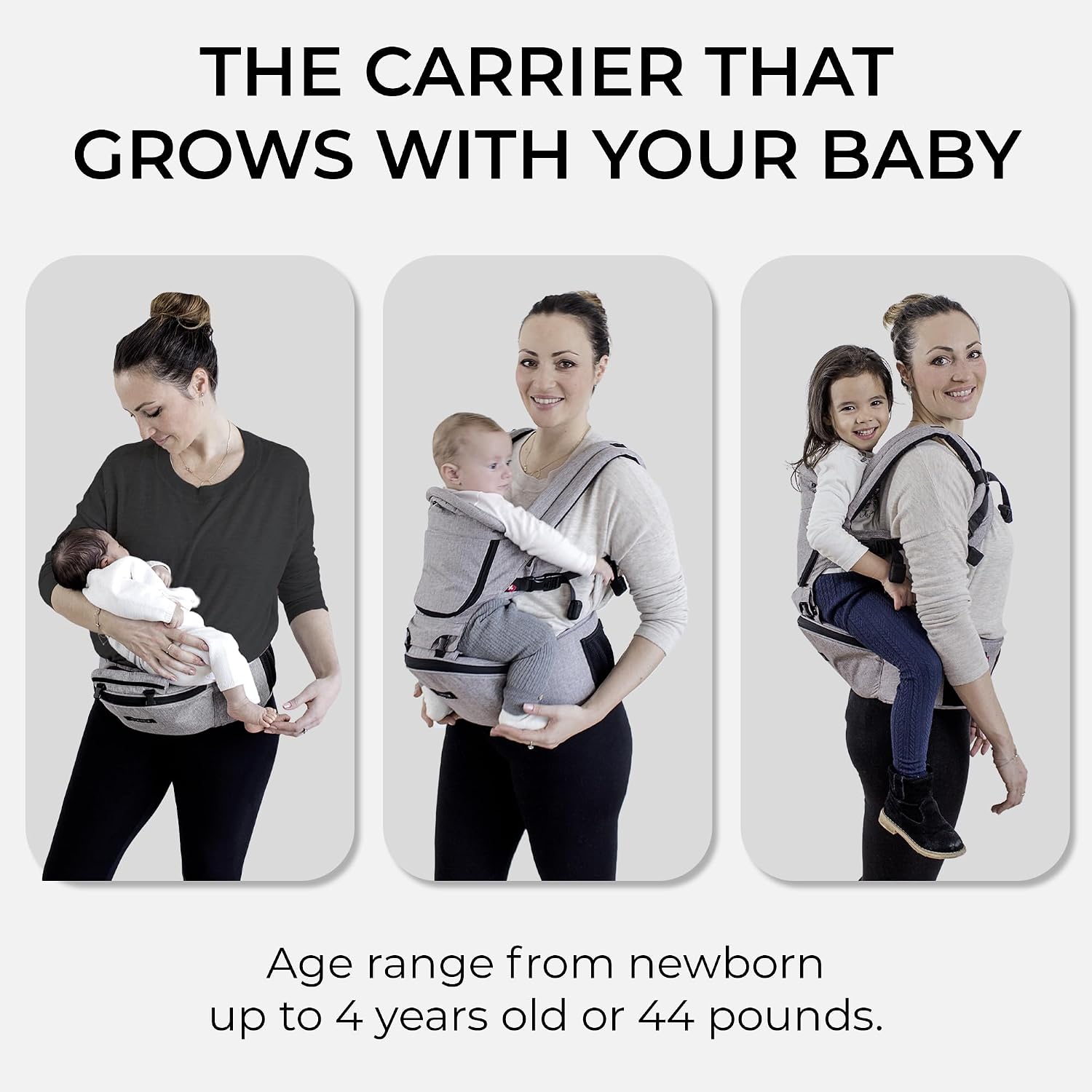 MiaMily Ergonomic Hip Seat Baby Carrier, 6 Carry Positions, Newborn to Toddler, Lumbar Support, Adjustable Waist Belt, Hipster Plus, Stone Grey