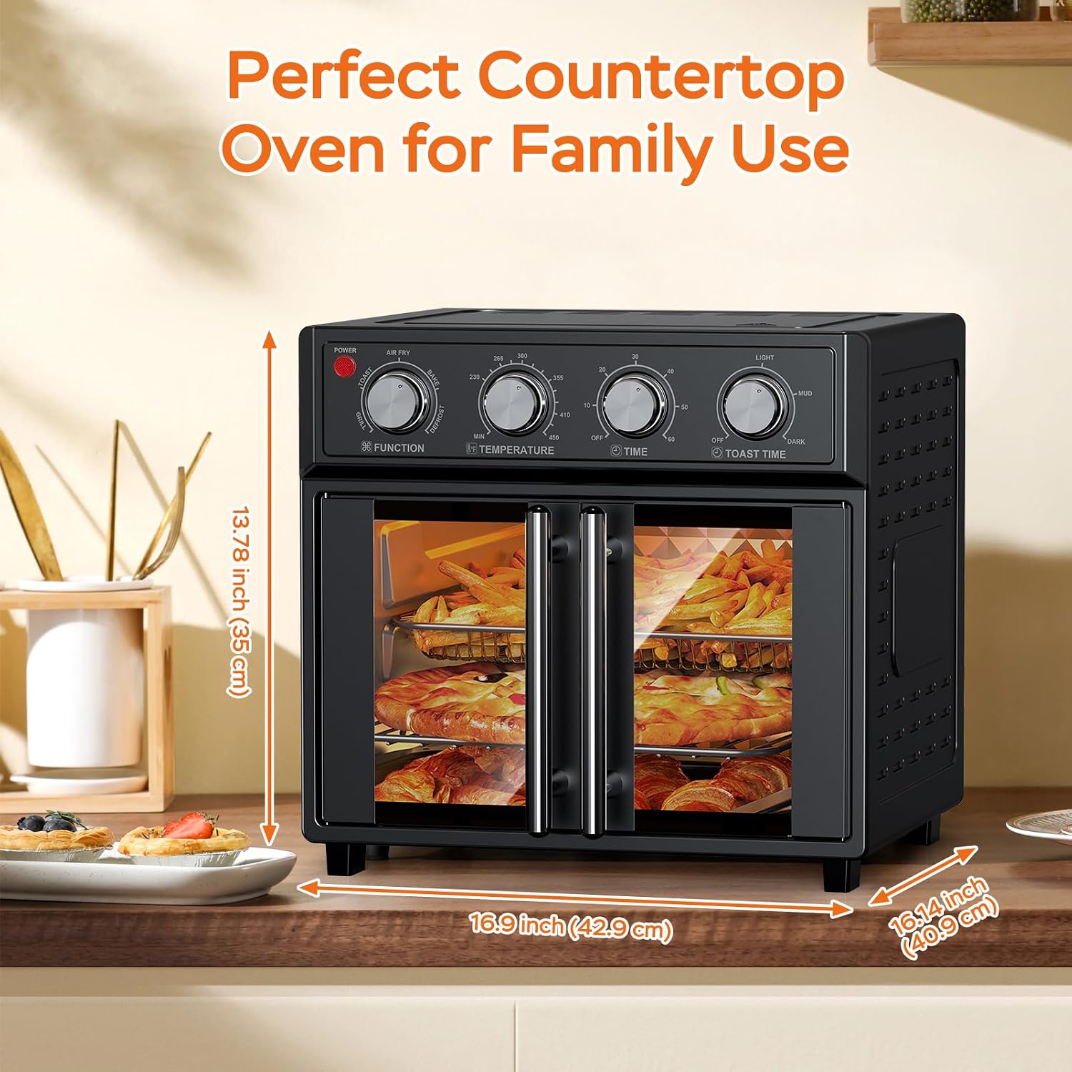 PlumChef 26L Large capacity French Double-Door Air Fryer Convection Toaster Oven,1700W, 7 Preset Menus, 7-in-1 Multi-Function for Bake, Roast, Grill, Toast, Dehydrate& Defrost,Stainless Steel,Black