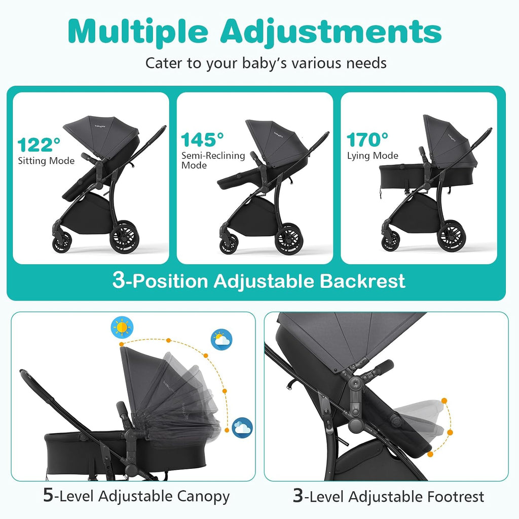 BABY JOY 2 in 1 Baby Stroller, High Landscape Convertible Bassinet Stroller with Reversible Seat, Adjustable Backrest & Canopy, Foldable Pushchair Pram Stroller for Newborn Toddler 0-36 Months (Gray)