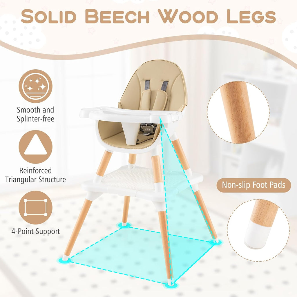 HONEY JOY Baby High Chair, 6-in-1 Convertible Wooden Highchair for Babies and Toddlers/Table Set/Toddler Chair with Safety Harness, 4-Position Removable Feeding Tray (Khaki)