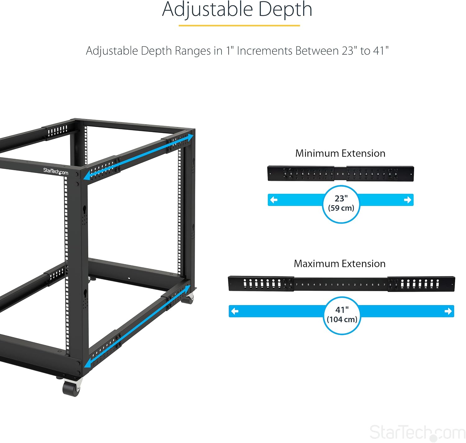 StarTech 8U 4-Post Server Rack, 19in Open Frame Rack with 40in (101cm) Mounting Depth and 1200lb (544kg) Weight Capacity, Mobile or Floor Mount IT Rack
