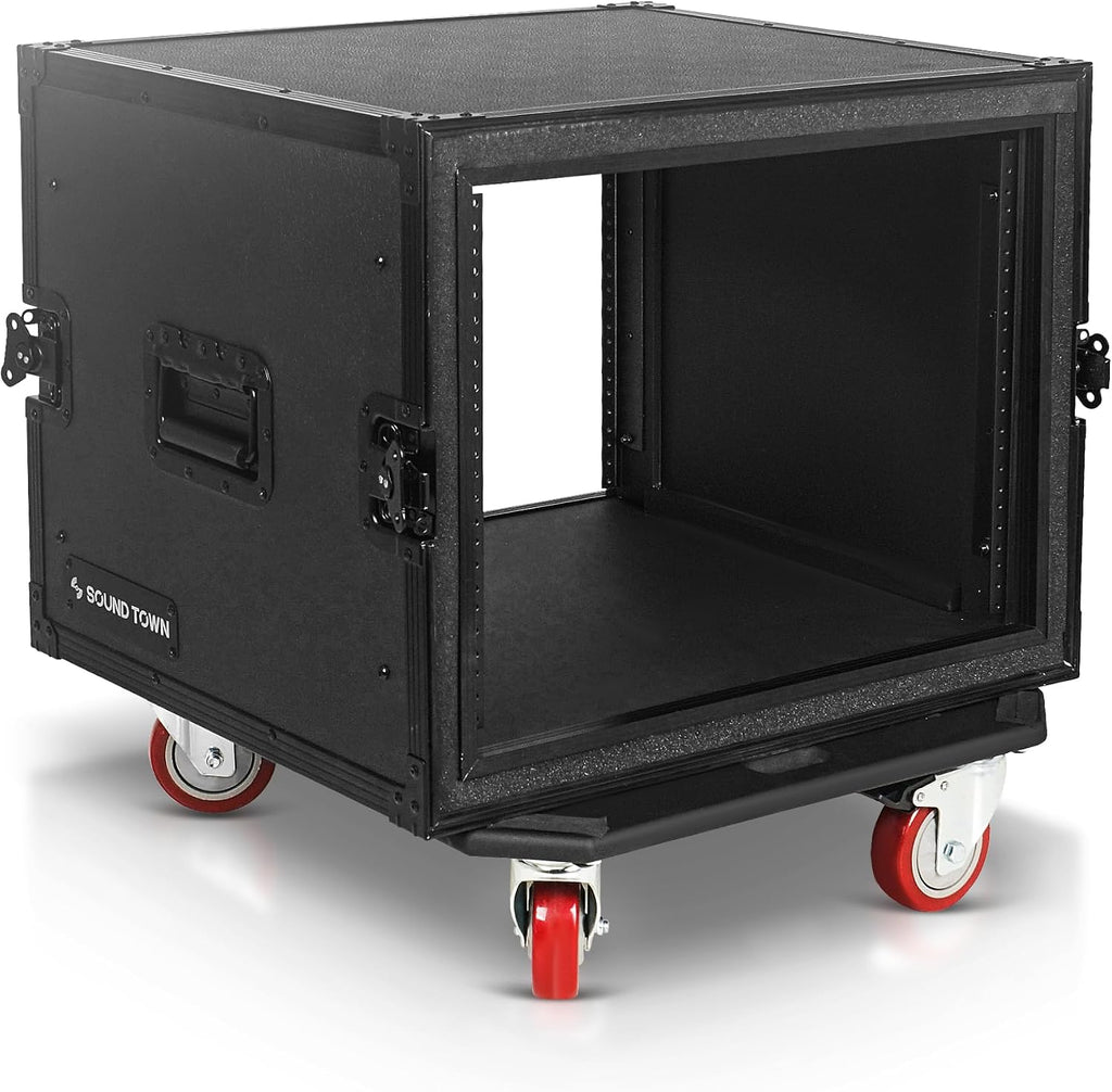 Sound Town Black Series Shock Mount 8U ATA Plywood Rack Case with 21' Rackable Depth, All-Black Anodized Hardware and Casters, Pro Tour Grade (STRC-SPB8UW)