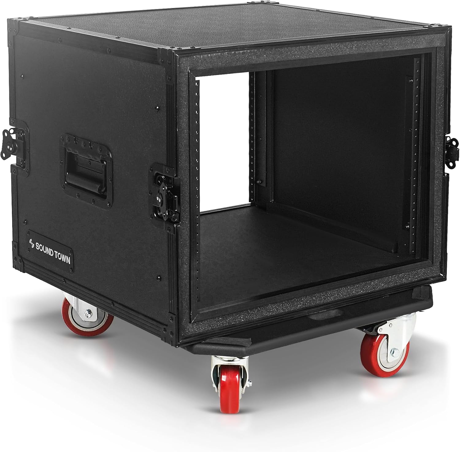 Sound Town Black Series Shock Mount 8U ATA Plywood Rack Case with 21' Rackable Depth, All-Black Anodized Hardware and Casters, Pro Tour Grade (STRC-SPB8UW)