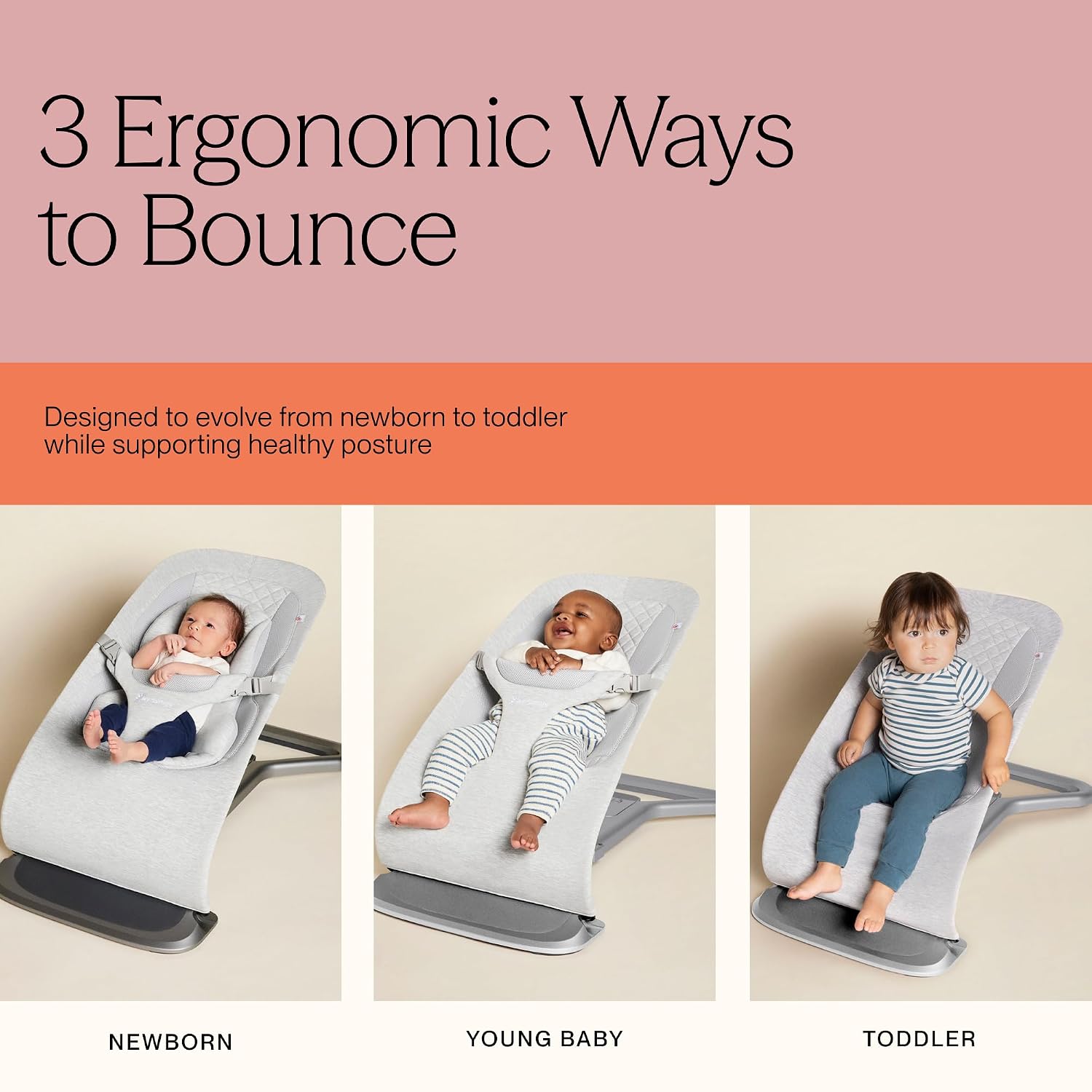 Ergobaby Evolve 3-in-1 Bouncer, Adjustable Multi Position Baby Bouncer Seat, Fits Newborn to Toddler, Light Grey