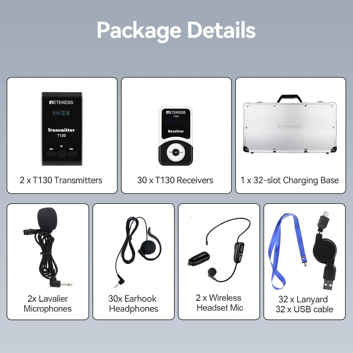 Retekess T130 Tour Guide System, Tour Guide Headsets with 2 Wireless Mic, 32-Slot Charge Case, Assistive Listening System for Church,School(2 Transmitters 30 Receivers)