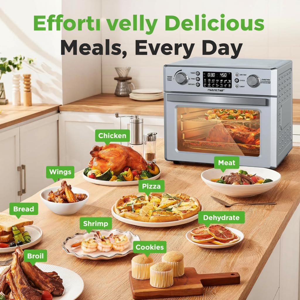 NutriChef 26QT Air Fryer Oven | Countertop Convection Toaster & Air Fryer | 360° Rotisserie Feature | 10 Digital Presets | Includes Drip Tray, Air Frying Basket & Bake Rack 15x16x14 | Stainless Steel