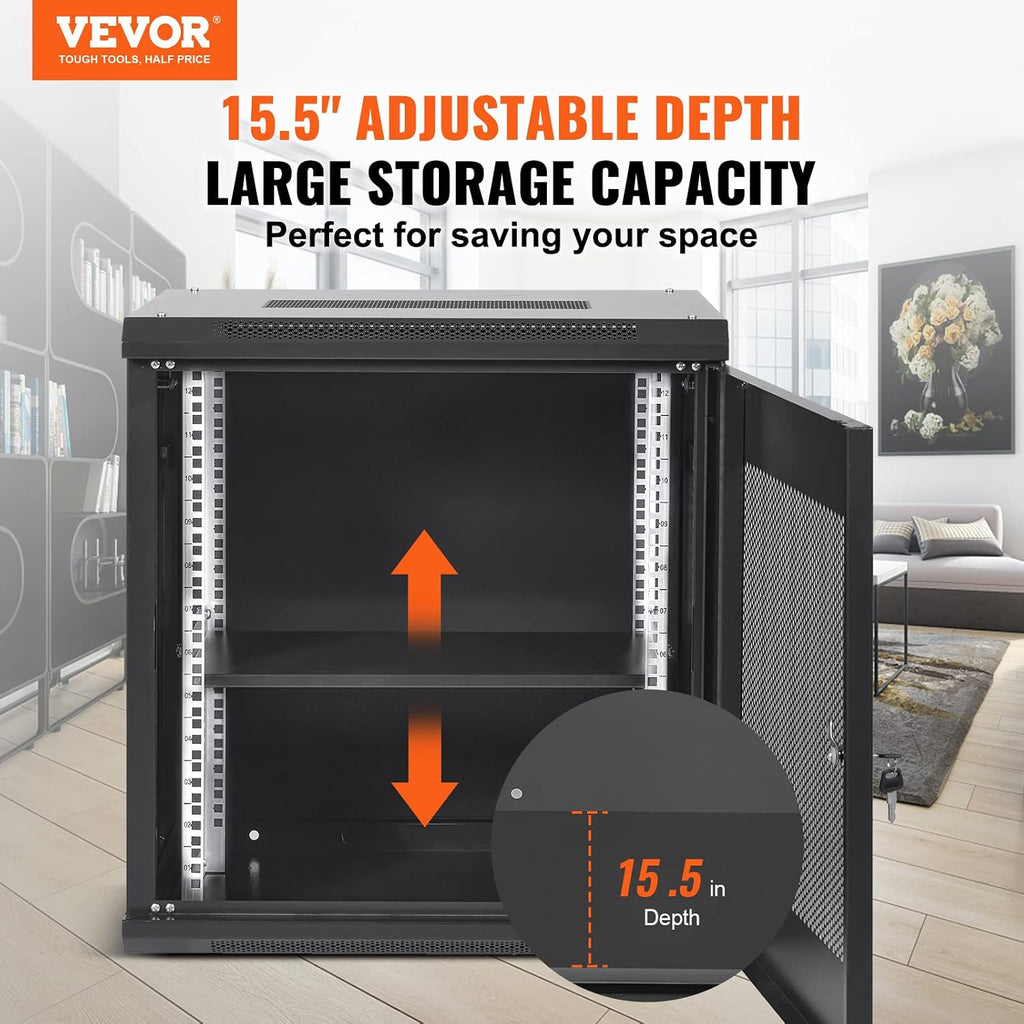 VEVOR 12U Wall Mount Network Server Cabinet, 15.5'' Deep, Server Rack Cabinet Enclosure, 200 lbs Max. Ground-Mounted Load Capacity, with Locking Door Side Panels, for IT Equipment, A/V Devices